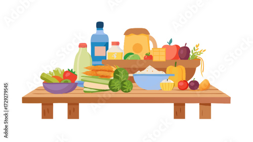 Illustration of healthy eating concept with fresh vegetables fruits and dairy products on table top