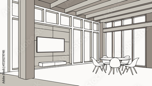 Modern living room interior design with dining table chairs tv and large windows illustration art