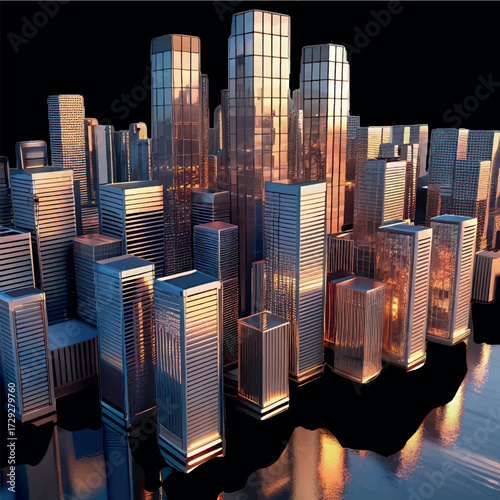 City of Gold: A stunning and detailed illustration presents a metropolis of modern buildings, bathed in the warm, ethereal glow of sunset. capturing the intricate architectural designs