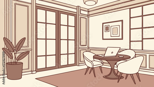 Illustration of interior design with laptop, chairs, table, plant, and decor for home office setup ideas
