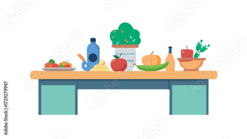 Still life illustration of fresh food vegetables fruits on table kitchen healthy eating concept