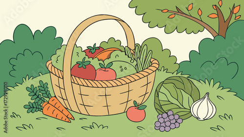 Illustration of fresh vegetables in a basket, harvest season, healthy food, organic farm produce art