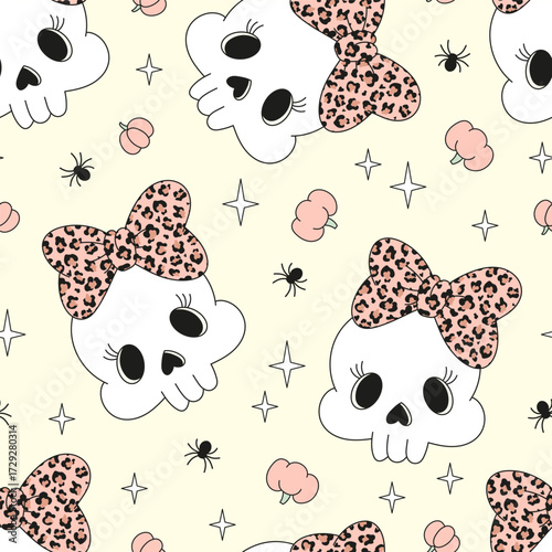 Preppy Coquette Cute Halloween Skull with Leopard Bow Seamless Pattern. Girly Pastel Spooky Skull Background for Print and Fabric