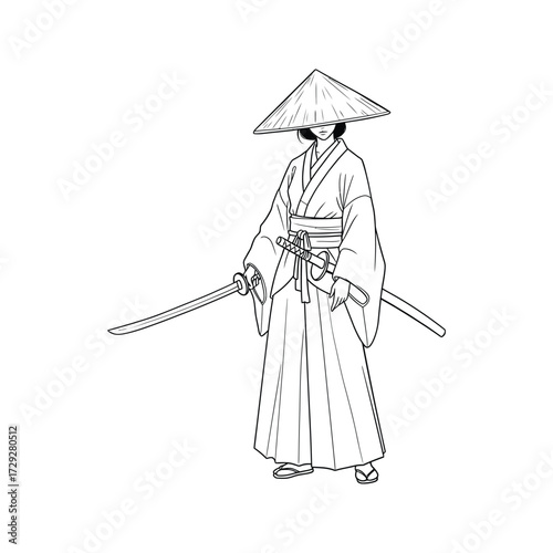 A lone samurai warrior in traditional japanese clothing and a conical hat stands ready with a katana sword