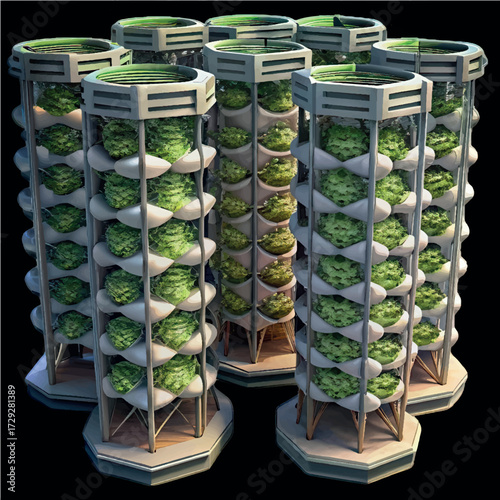 Vertical Farm Towers: A futuristic depiction of vertical farm towers, showcasing innovative agricultural solutions and sustainable food production. The towers stand against a black background. 