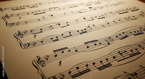 Warmly lit page of classical music notes.