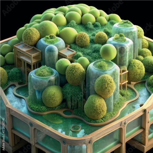 Miniature Green Cityscape: A whimsical and artistic interpretation of a miniature city, lush with verdant greenery, featuring stylized structures.