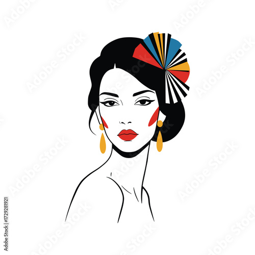 Elegant woman with striking makeup and colorful fan accessory in her hair