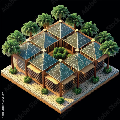 Geometric architecture with glass roofing: An eye-level view presents a modern architectural marvel, a harmonious blend of geometric designs and transparent glass roofs.
