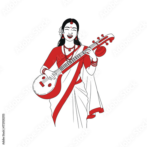 Joyful indian woman in traditional sari playing the veena musical instrument with a happy expression