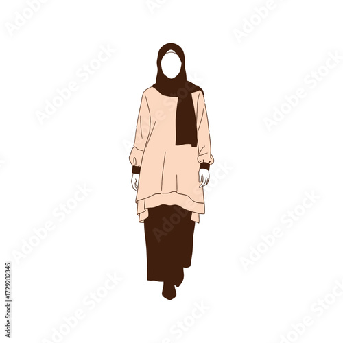 Modern islamic fashion illustration of a woman wearing a flowing brown hijab and layered tunic with a long skirt