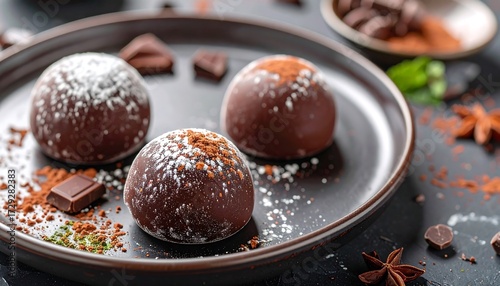 Dark chocolate dessert spheres on a plate