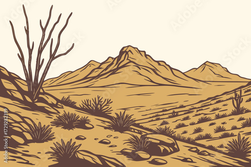 Chihuahuan Desert in Texas, rugged terrain with ocotillo plants and distant mountains