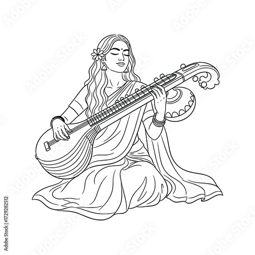 Serene indian woman in traditional saree playing a veena musical instrument with eyes closed