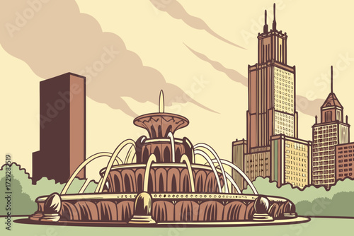 Clarence Buckingham Memorial Fountain in Chicago, Illinois, large ornate fountain spraying against city skyline