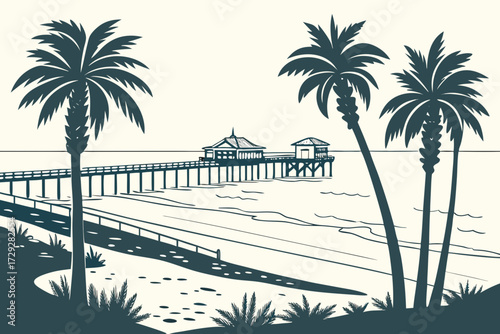 Clearwater Beach in Florida, white sand shoreline with palm trees and fishing pier