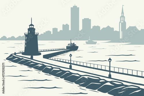 Cleveland Harbor in Ohio, freighters and breakwalls with city skyline visible behind Lake Erie waters
