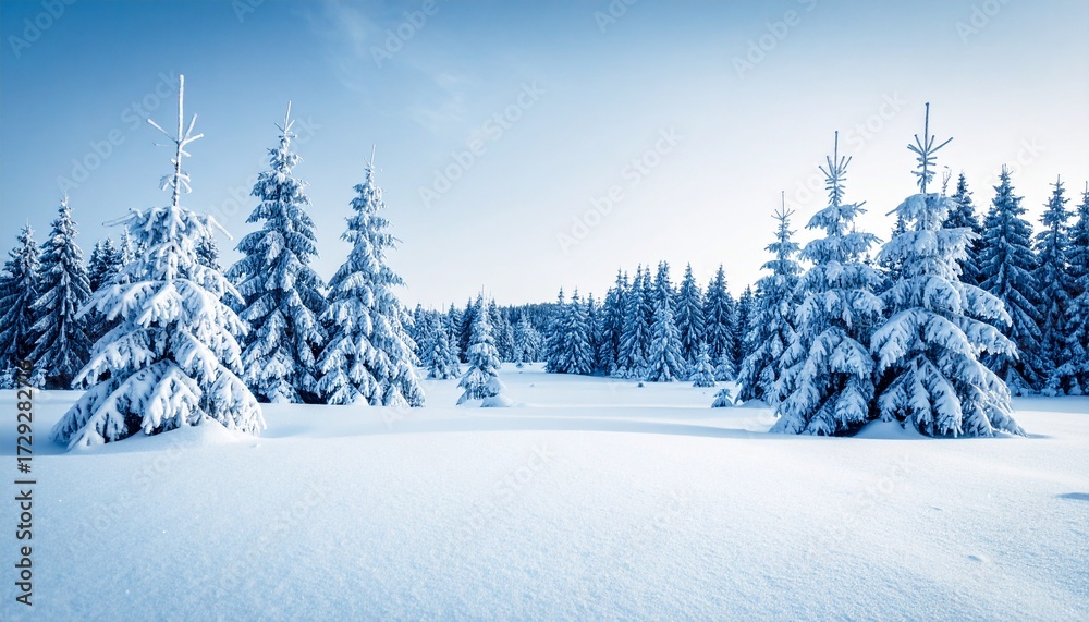 Fototapeta premium A picturesque winter wonderland scene with majestic pine trees blanketed in fresh white snow under a clear blue sky