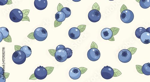 Seamless pattern of fresh blueberries with green leaves on a light background