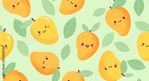 Adorable tropical mango characters in a repeating summer fruit pattern
