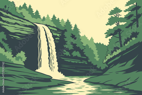 Chapel Falls in Pictured Rocks, Michigan, 60-foot cascade surrounded by dense forest and rocky sandstone ledges