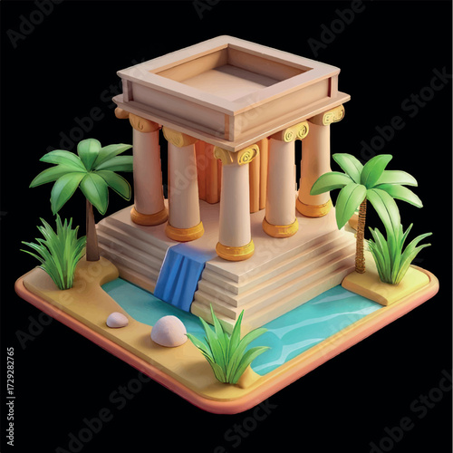 Ancient Oasis: A stylized architectural illustration of a classical temple, nestled beside a serene pool and lush palm trees, evoking a sense of history and tranquility.