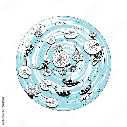 Serene koi fish swim among blooming water lilies and lily pads in a tranquil pond