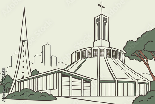 Cathedral of St. Mary of the Assumption in San Francisco, California, modernist geometric dome with white facade