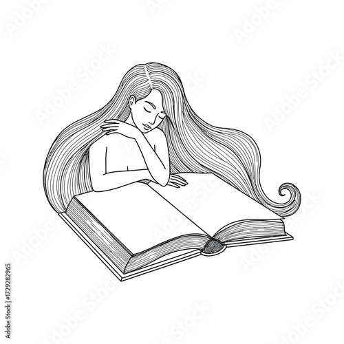 Serene woman with long flowing hair resting her head on an open book with closed eyes