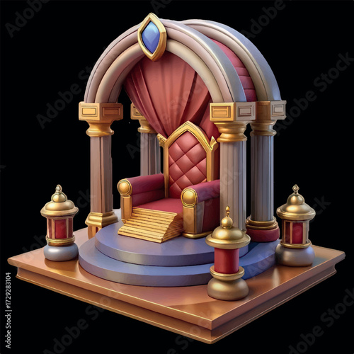Royal Throne Room: a grand, ornate throne fit for royalty, set within a richly decorated room, capturing a sense of power, majesty, and the allure of a bygone era.