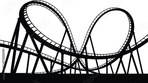 Roller coaster silhouette, amusement park ride, looping track design, thrilling attraction, vertical loops, engineering structure, fun fair, carnival entertainment, adventure ride