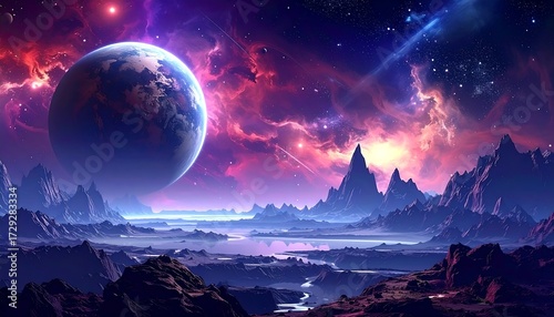 Fantasy alien landscape with planet