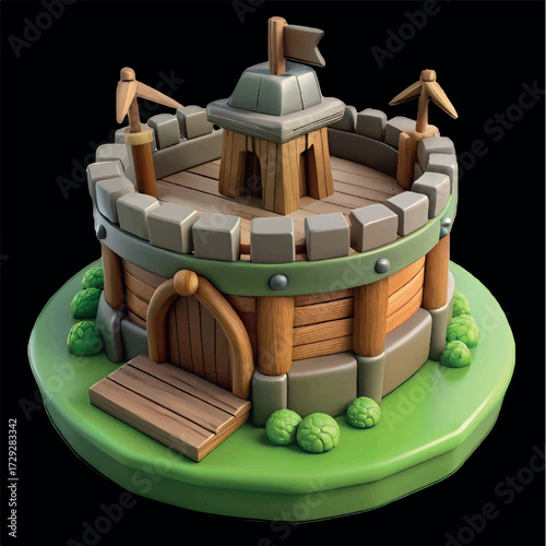 Fortified Fortress: A whimsical and meticulously crafted cartoonish fortress illustration, boasting sturdy wooden accents, flag, and lush vegetation, poised against a dramatic and playful background.