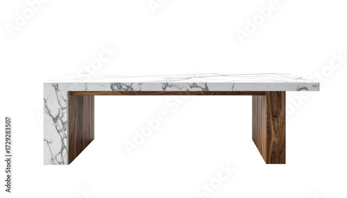 Sophisticated modern coffee table features a striking rectangular design, presenting a luxurious combination of white marble countertop and wooden legs against a solid black backdrop, showcasing a...