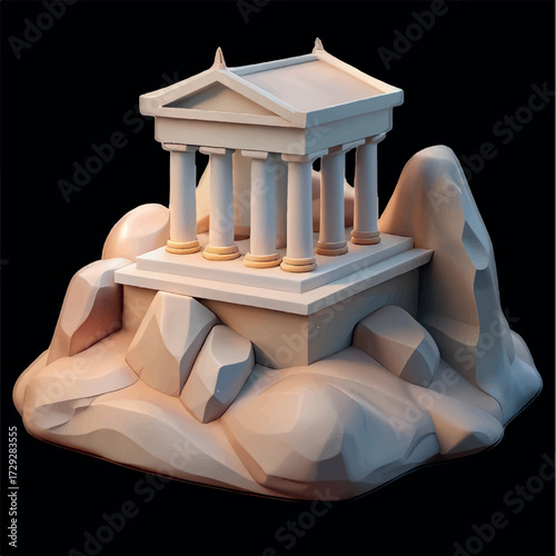 Ancient Temple Architecture: This image portrays a stylized ancient temple, set on a rocky landscape, a testament to classical architectural design.