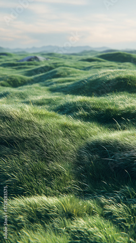 A vast, sprawling green lawn that extends to the horizon--lush and dense with grass blades of varying heights