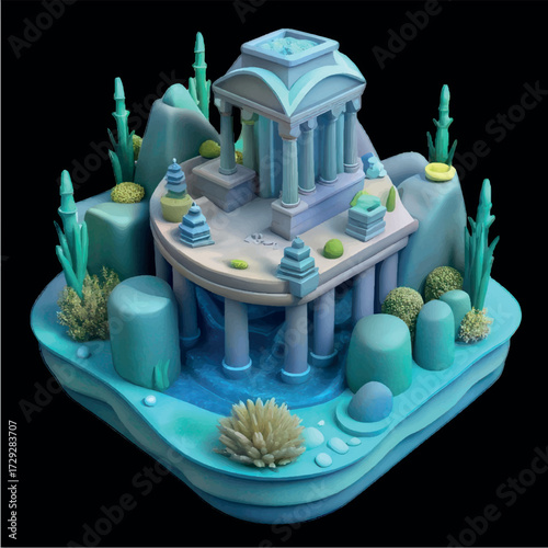 Aquatic Sanctuary: A serene sanctuary rendered in soft, muted tones, featuring an ancient architectural design, resting gently amidst a tranquil, watery expanse.