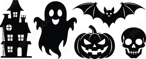 Spooky Halloween Silhouette Collection Featuring Haunted House, Ghost, Bat, Pumpkin, and Skull