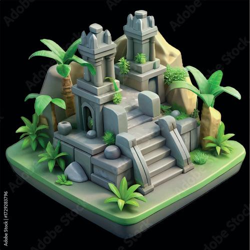 Lost Civilization: A stylized illustration transports viewers to an ancient civilization, unveiling intricate stone structures amid lush vegetation and an aura of timeless mystery. 