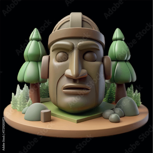 Mystical Guardian: A 3D render of a stoic stone guardian, amidst stylized trees and serene landscapes, evokes a sense of ancient history and enduring protection.