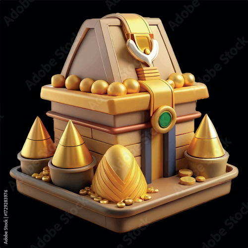 Golden Treasure Chest: A close-up, highly detailed rendering of a captivating gold treasure chest, exuding opulence and intrigue, amidst a dark, mysterious backdrop.