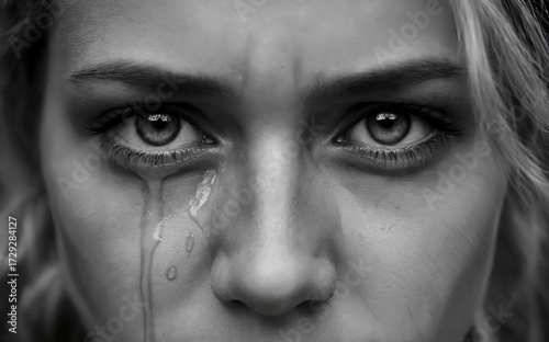 intense Black and White Close-up of a Woman's Eyes with Tears Falling Down Her Cheek