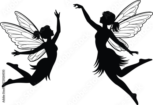 Fairy silhouette illustration, magical fantasy artwork, flying fairies with wings, whimsical dance design, enchanted female figures, mystical inspiration, folklore character drawing