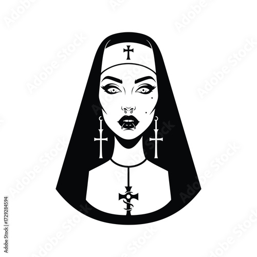 Striking black and white illustration of a modern nun with gothic piercings and cross jewelry
