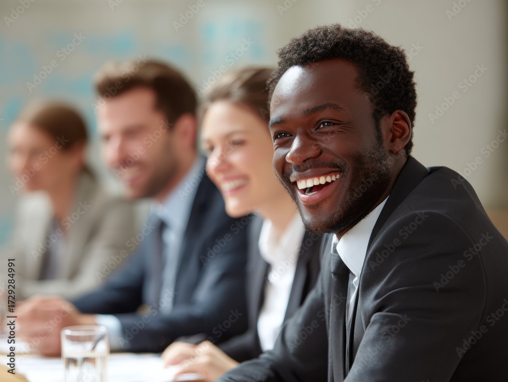 © XuperM - Close-up of cheerful diverse business team smiling during meeting or conference