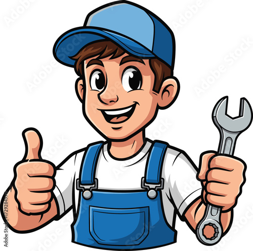 Cartoon smiling mechanic character holding wrench, cheerful handyman illustration, professional repair service mascot, blue uniform worker, thumbs up gesture, vector design