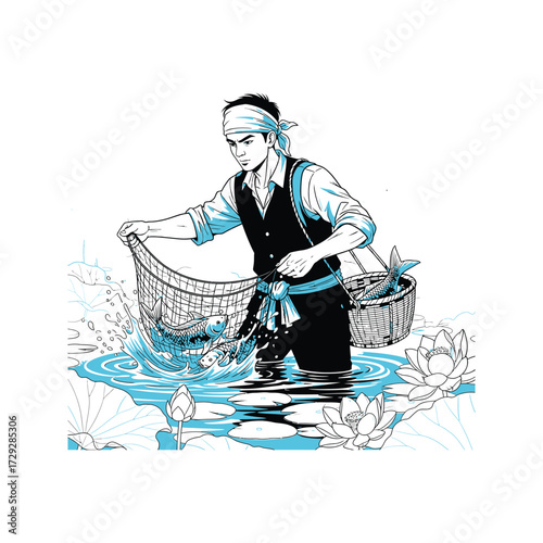 Traditional fisherman in a lotus pond catches fish with a net and carries a basket