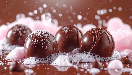 Dark chocolate truffles in a rich brown setting with foamy bubbles and splashes