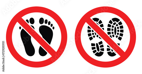 Prohibition signs for barefoot and footwear entry — vector icons of red circle with crossed-out footprints for safety, hygiene, and access control