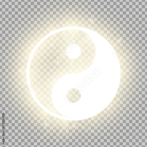 Shining gold Yin and Yang isolated on transparent background. Glowing Taoism sign. Riligious symbol. Vector illustration